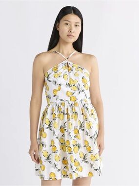💛✨ Lemon Print Halter Fit & Flare Cotton Mini Dress